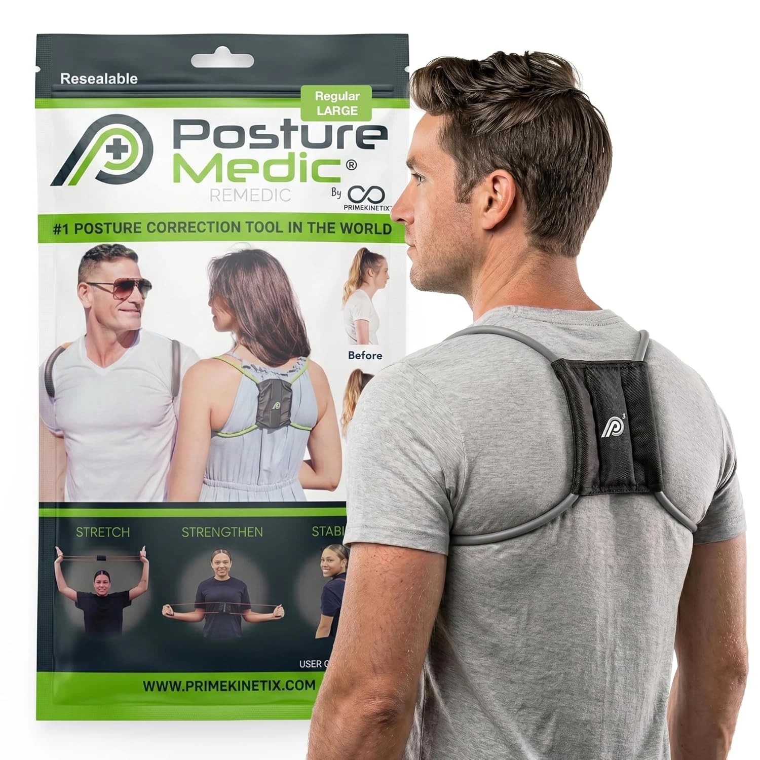 PostureMedic Plus Strength Dynamic Posture Corrector for Athletes, High Resistance Training System for Performance &amp; Recovery, Professional Grade Posture Trainer for Men &amp; Women - Size L (Silver)