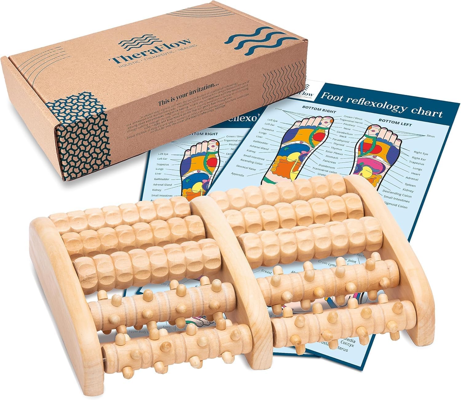 TheraFlow Foot Massager for Plantar Fasciitis Relief - Wooden Foot Roller Massager with Deep Tissue & Reflexology Nubs (Includes Reflexology Chart)